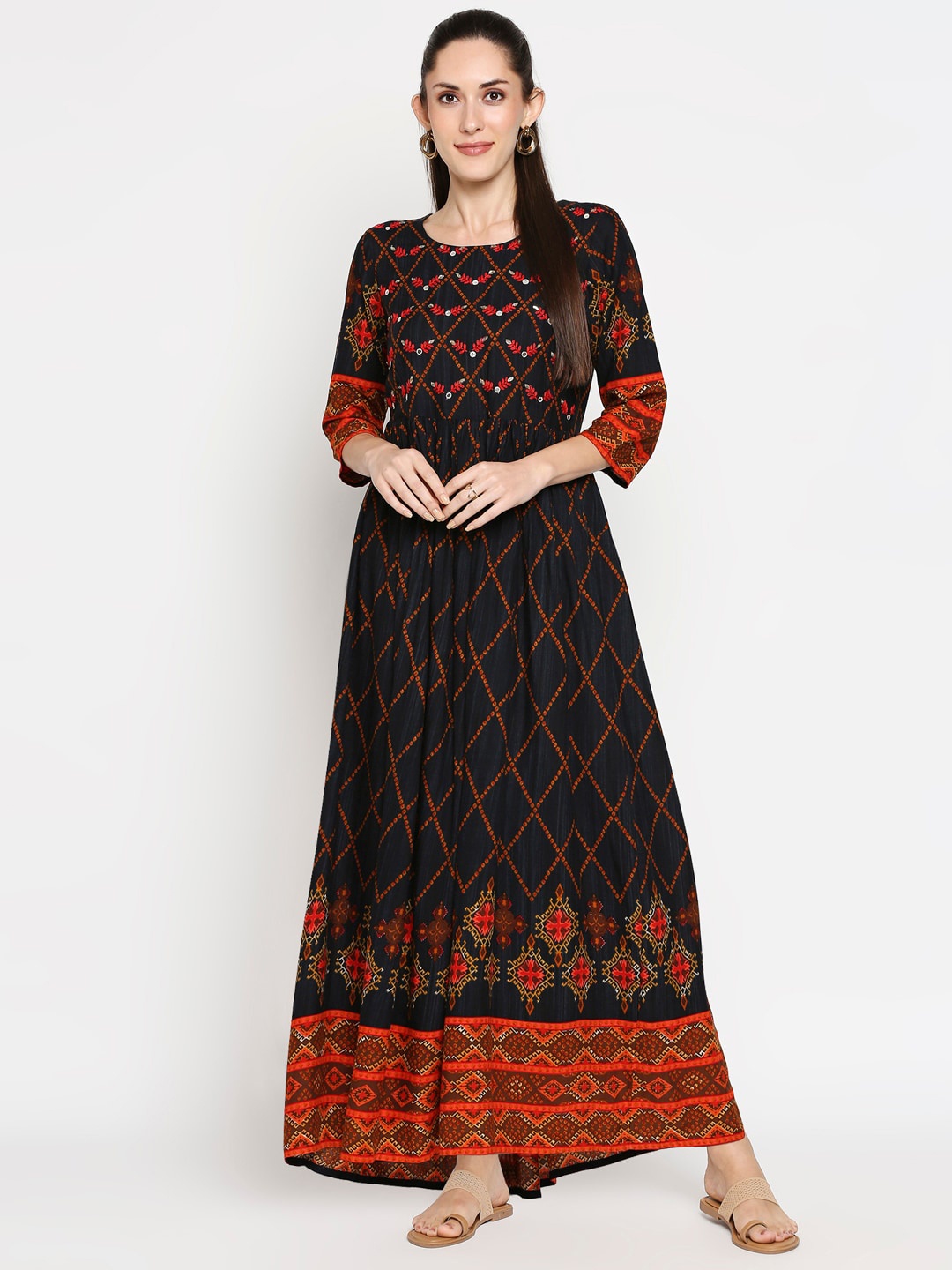 

ZRI Ethnic Motifs Printed Round Neck Maxi Dress, Black