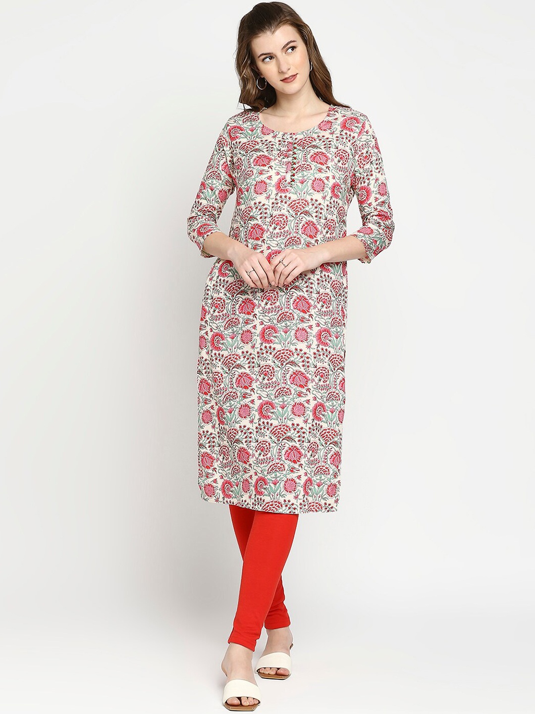 

ZRI Women Floral Printed Kurta, Cream