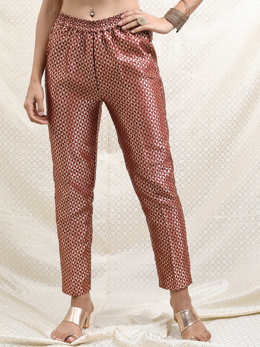 

Vishudh Women Poly Brocade Printed Cigarette Trousers, Gold