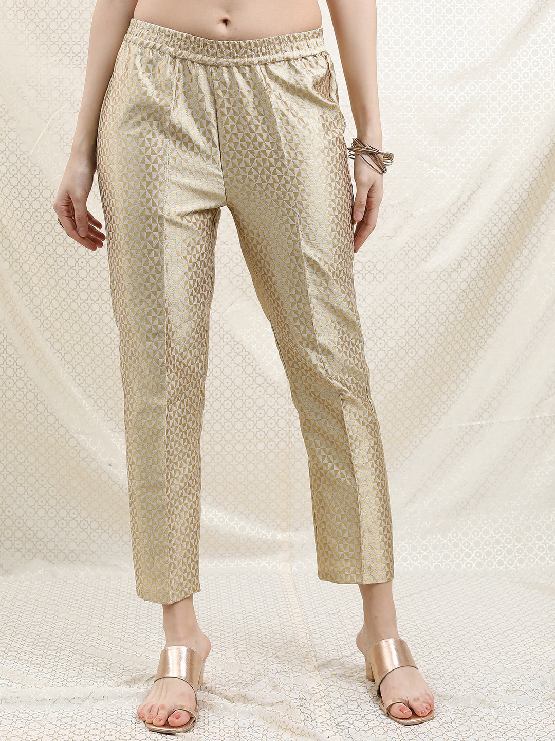 

Vishudh Women Poly Brocade Printed Regular Fit Cigarette Trousers, Beige