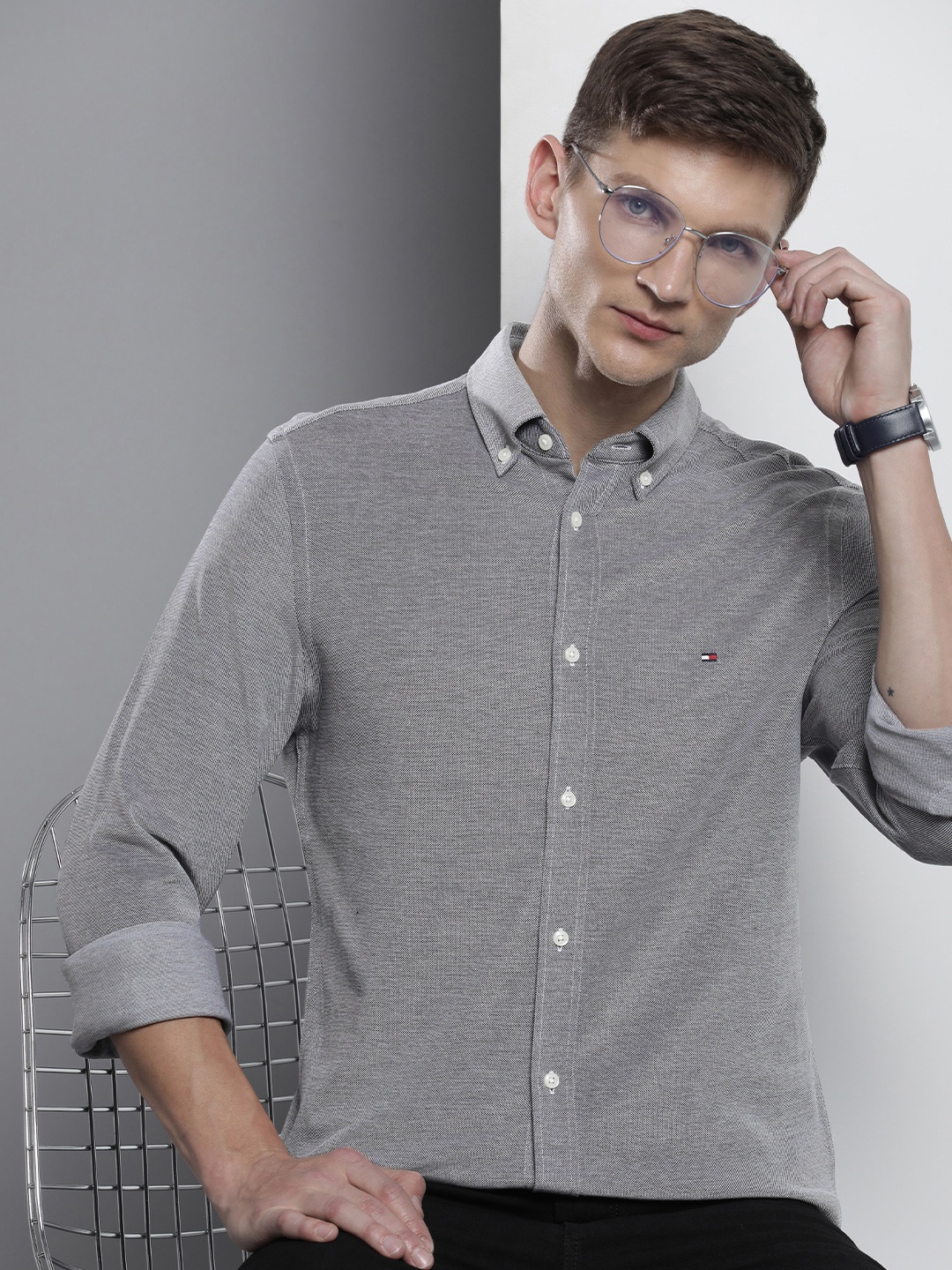

Tommy Hilfiger Sustainable Slim Fit Textured Pure Cotton Casual Shirt, Grey