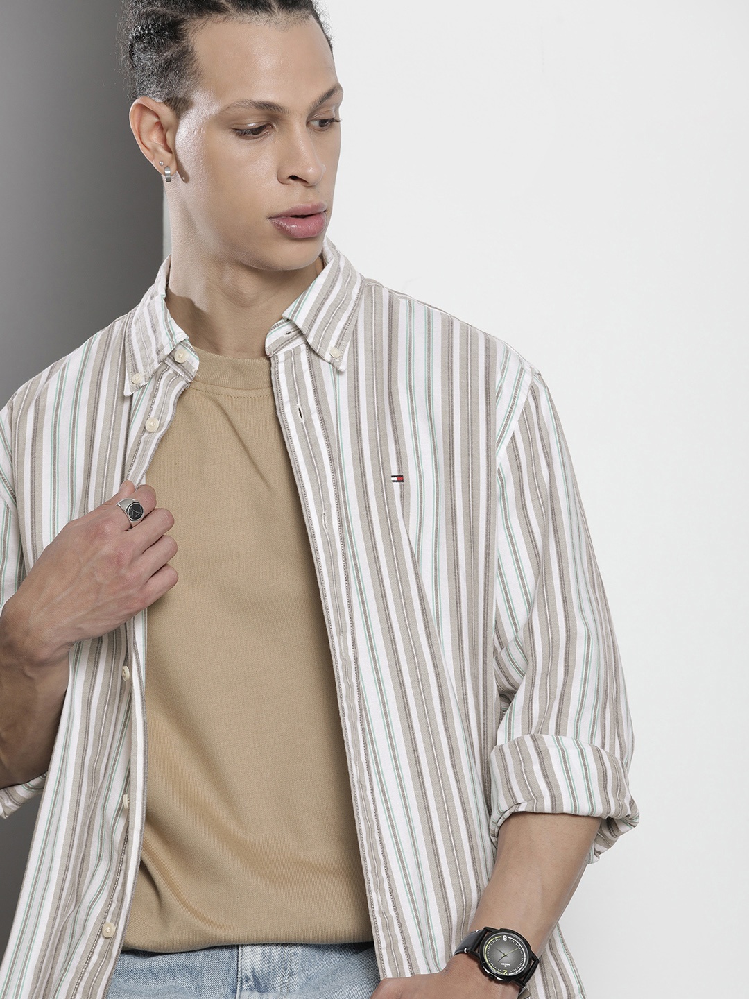 

Tommy Hilfiger Men Striped Oxford Casual Shirt, Khaki