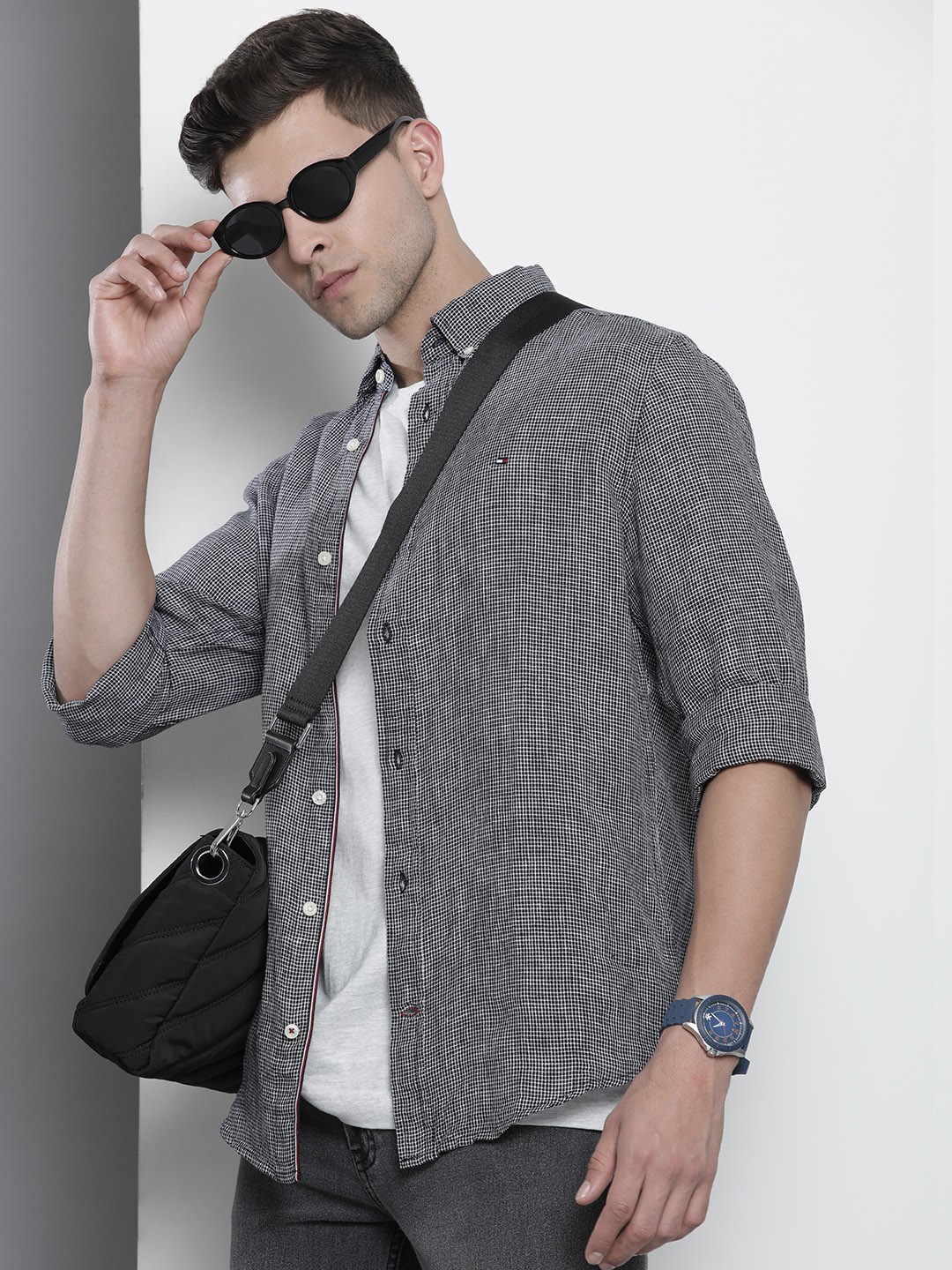 

Tommy Hilfiger Men Pure Linen Micro Checks Checked Casual Shirt, Black