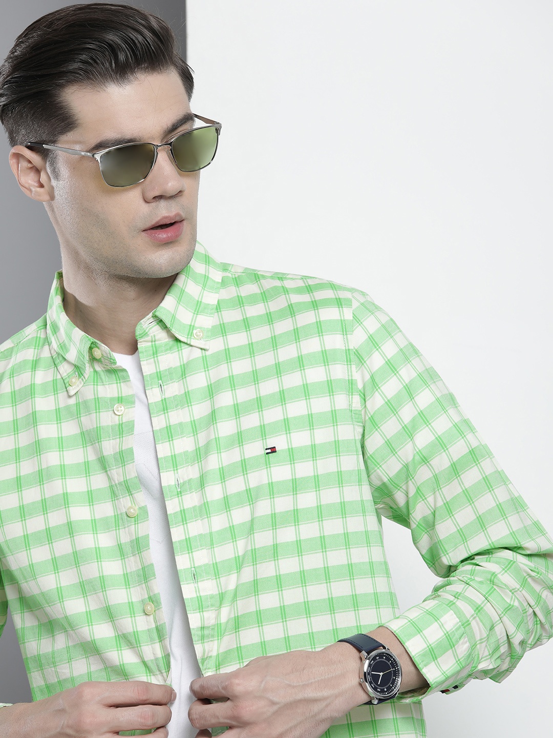 

Tommy Hilfiger Men Slim Fit Checked Pure Cotton Sustainable Casual Shirt, Green