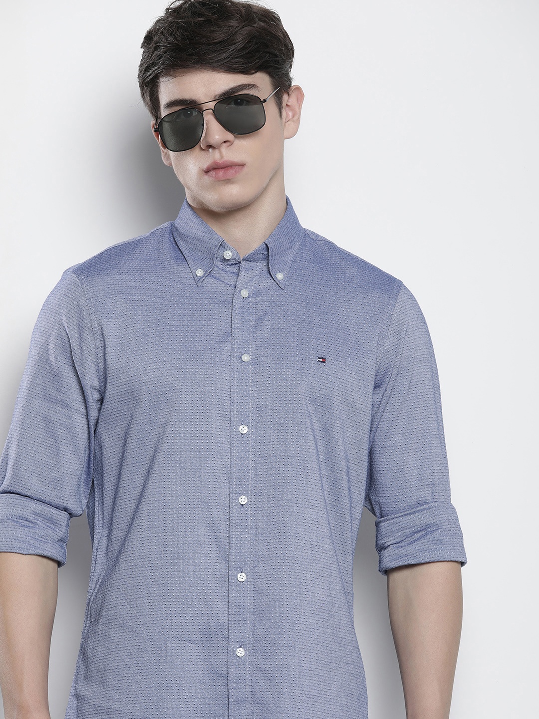 

Tommy Hilfiger Washed Textured Slim Fit Pure Cotton Casual Shirt, Blue