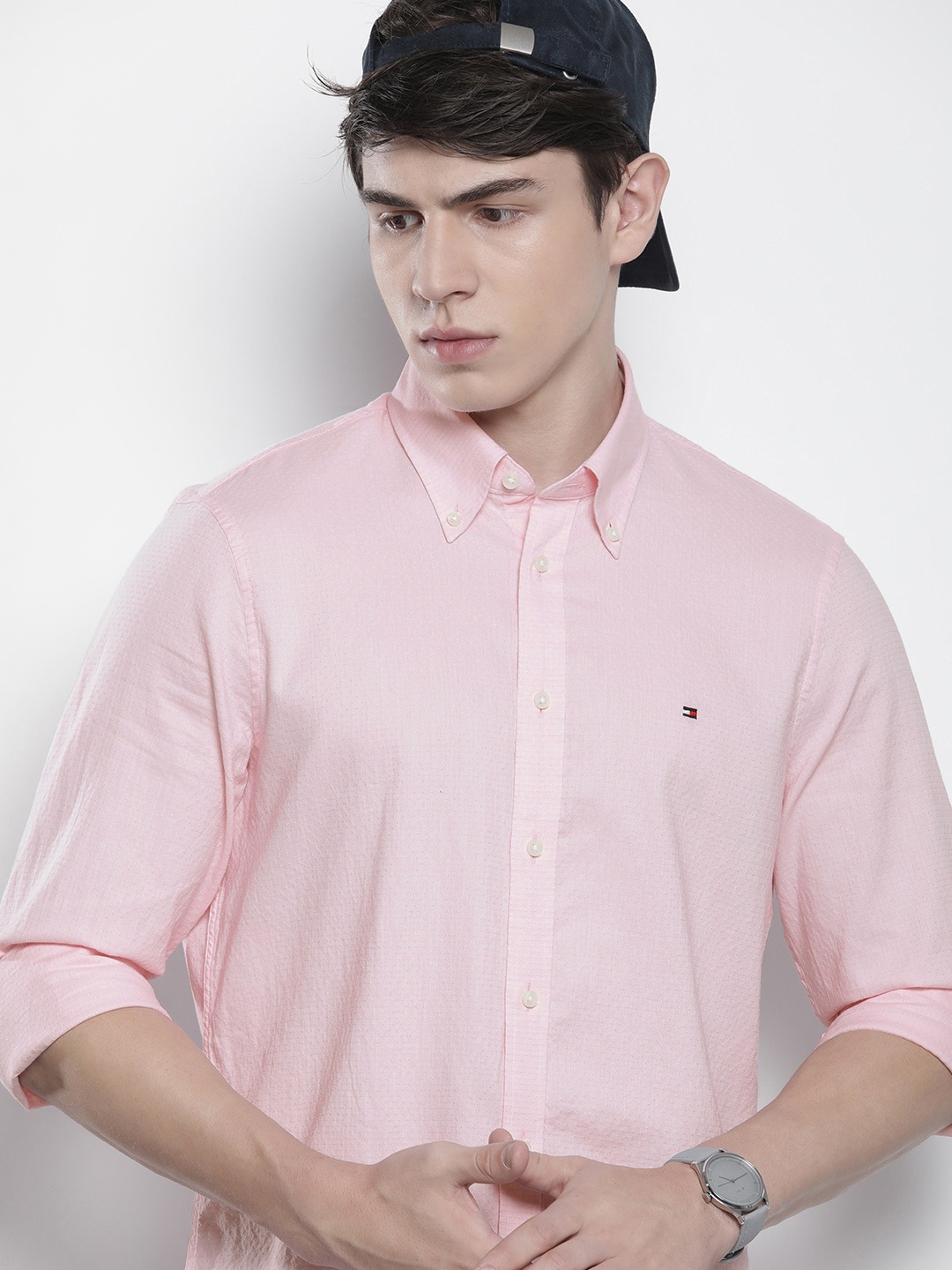 

Tommy Hilfiger Washed Textured Slim Fit Pure Cotton Casual Shirt, Pink