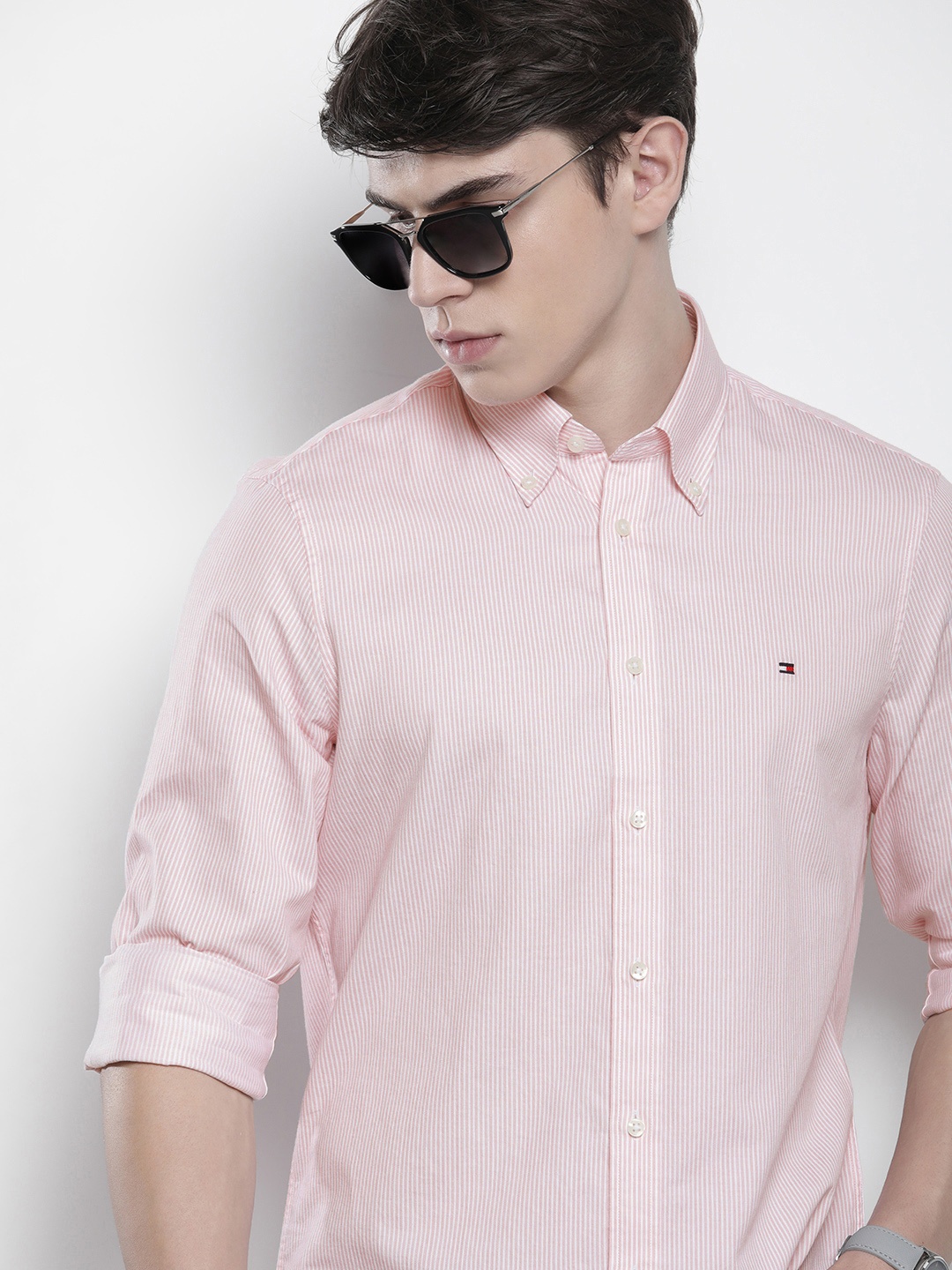 

Tommy Hilfiger Washed Self-Striped Slim Fit Pure Cotton Casual Shirt, Pink