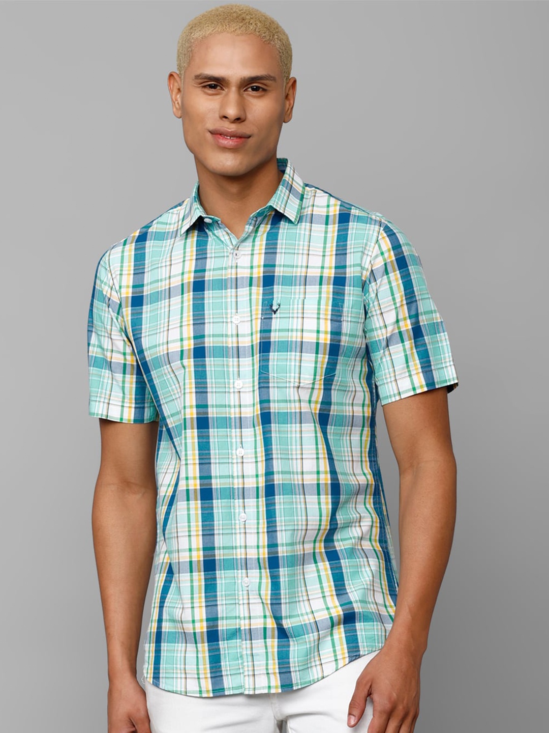 

Allen Solly Men Slim Fit Tartan Checks Casual Pure Cotton Shirt, Blue