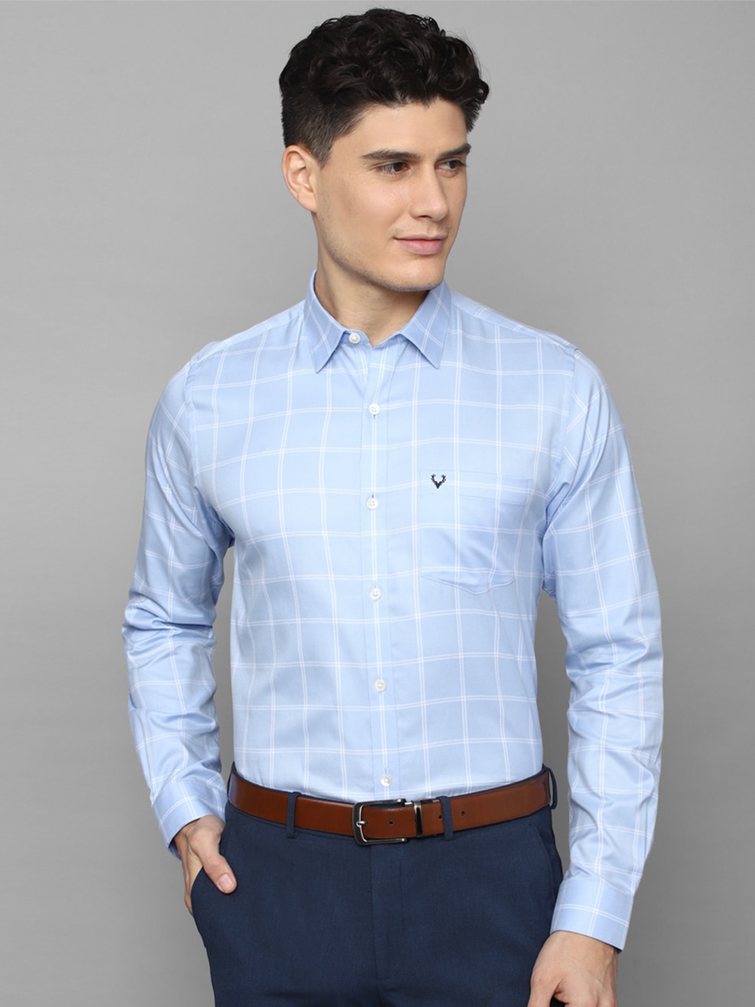

Allen Solly Men Slim Fit Windowpane Checks Formal Pure Cotton Shirt, Blue