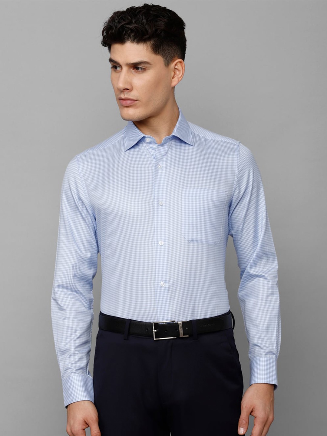 

Louis Philippe Men Micro Checks Printed Formal Pure Cotton Shirt, Blue