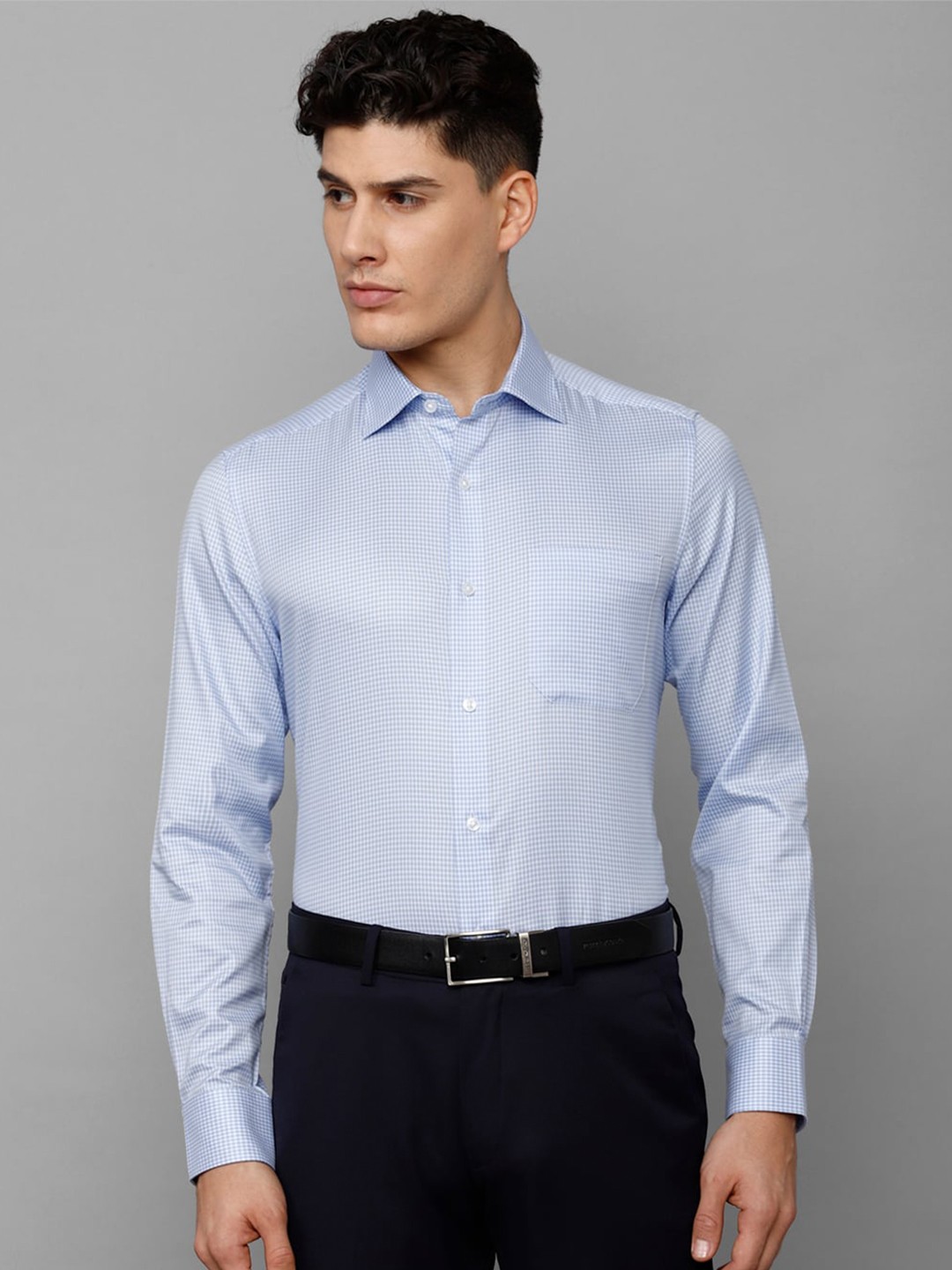 

Louis Philippe Men Micro Checks Printed Formal Pure Cotton Shirt, Blue