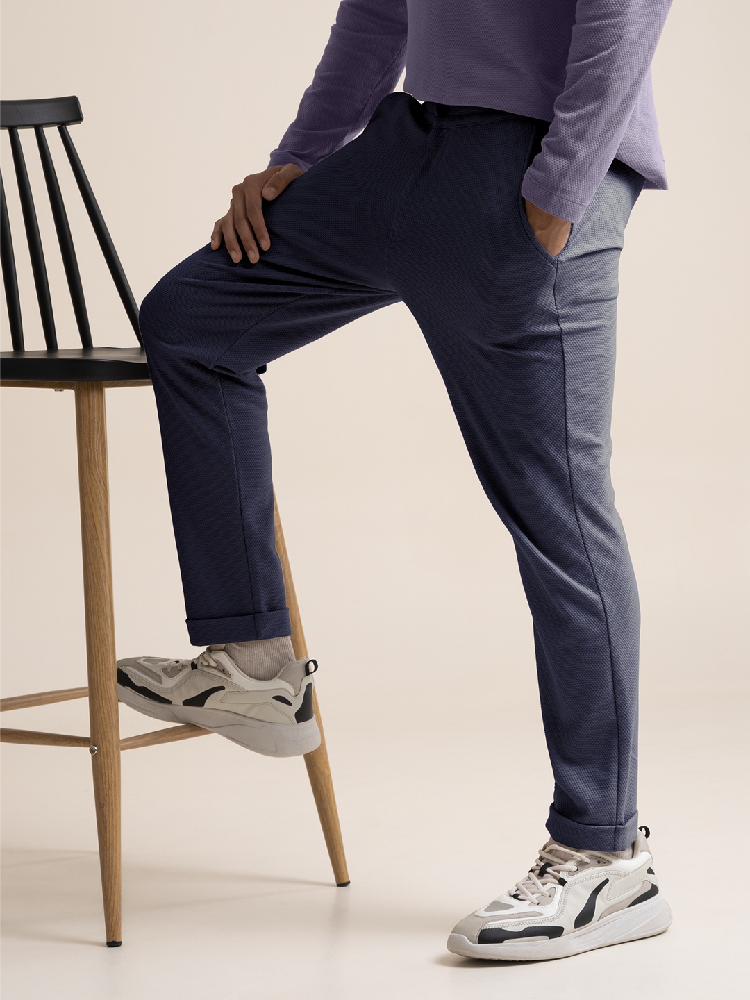 DAMENSCH Men Popcorn Textured Trousers, Blue