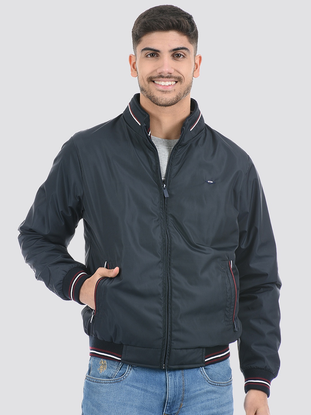 

Cloak & Decker by Monte Carlo Men Solid Long Sleeves Bomber Jacket, Navy blue