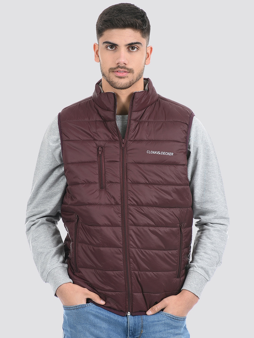 

Cloak & Decker by Monte Carlo Men Solid Sleeveless Padded Jacket, Burgundy