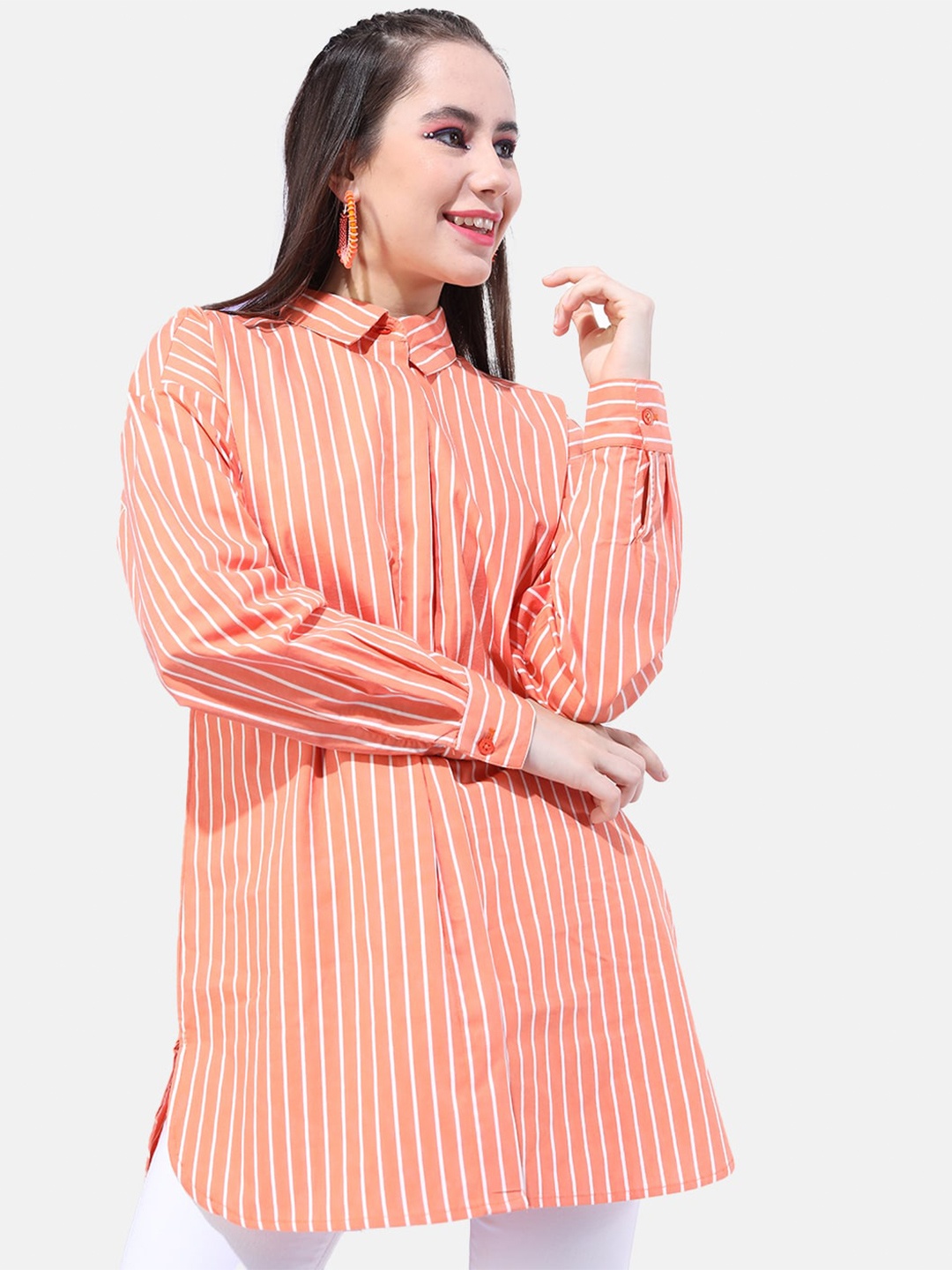 

Freehand by The Indian Garage Co Women Boxy Striped Casual Cotton Shirt, Orange