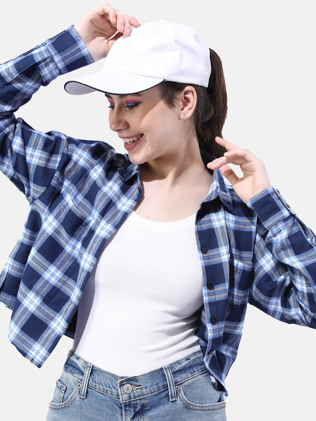 

Freehand by The Indian Garage Co Women Cotton Checked Casual Shirt, Navy blue