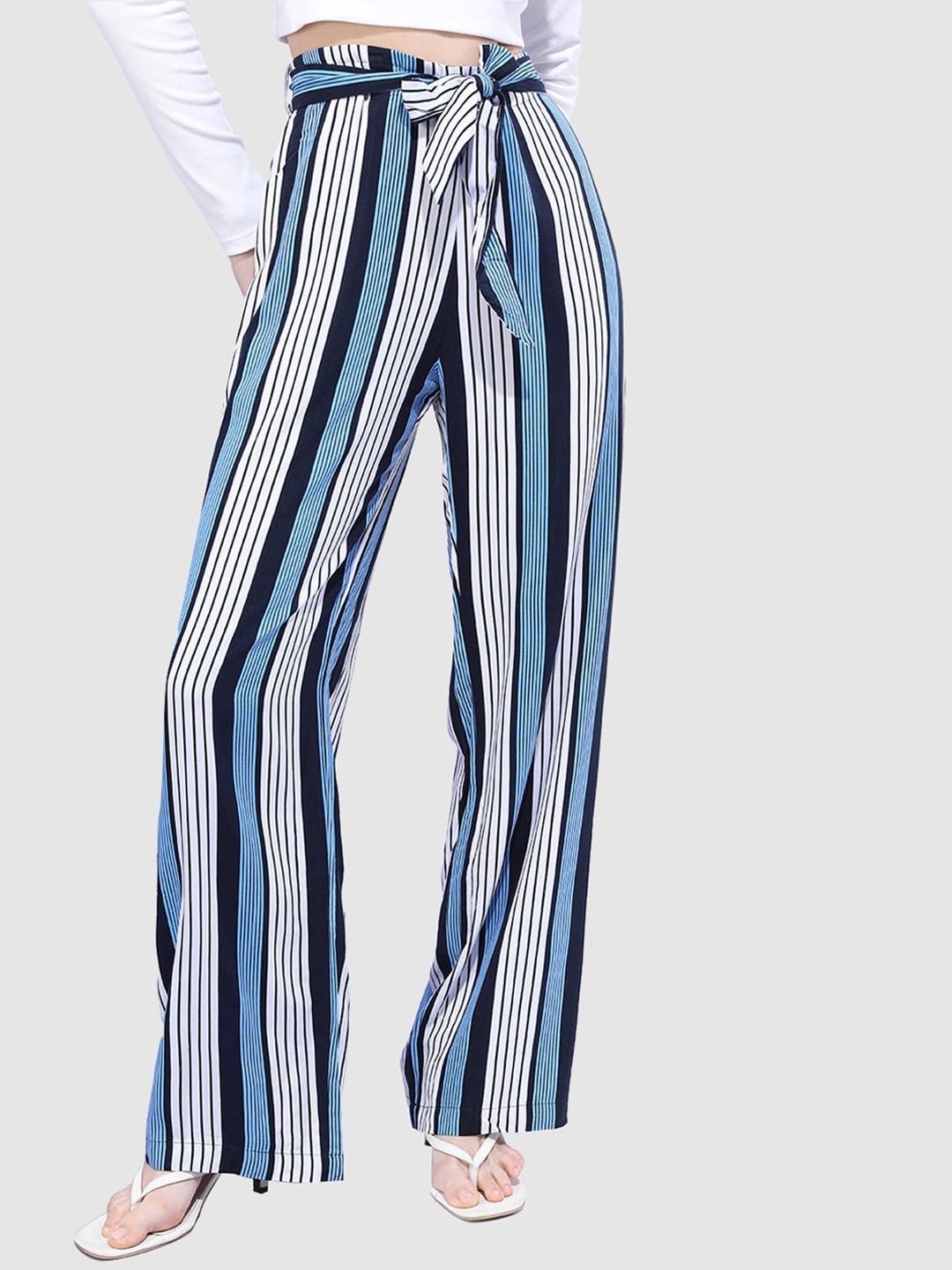 

Freehand by The Indian Garage Co Women Striped Flared Trousers, Navy blue