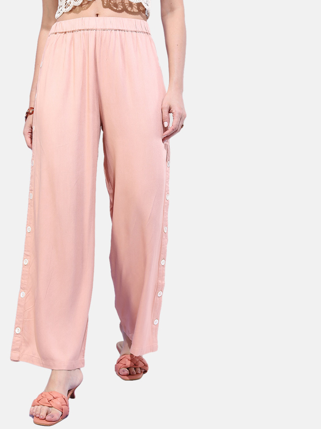 

Freehand by The Indian Garage Co Women Flared High-Rise Trousers, Pink