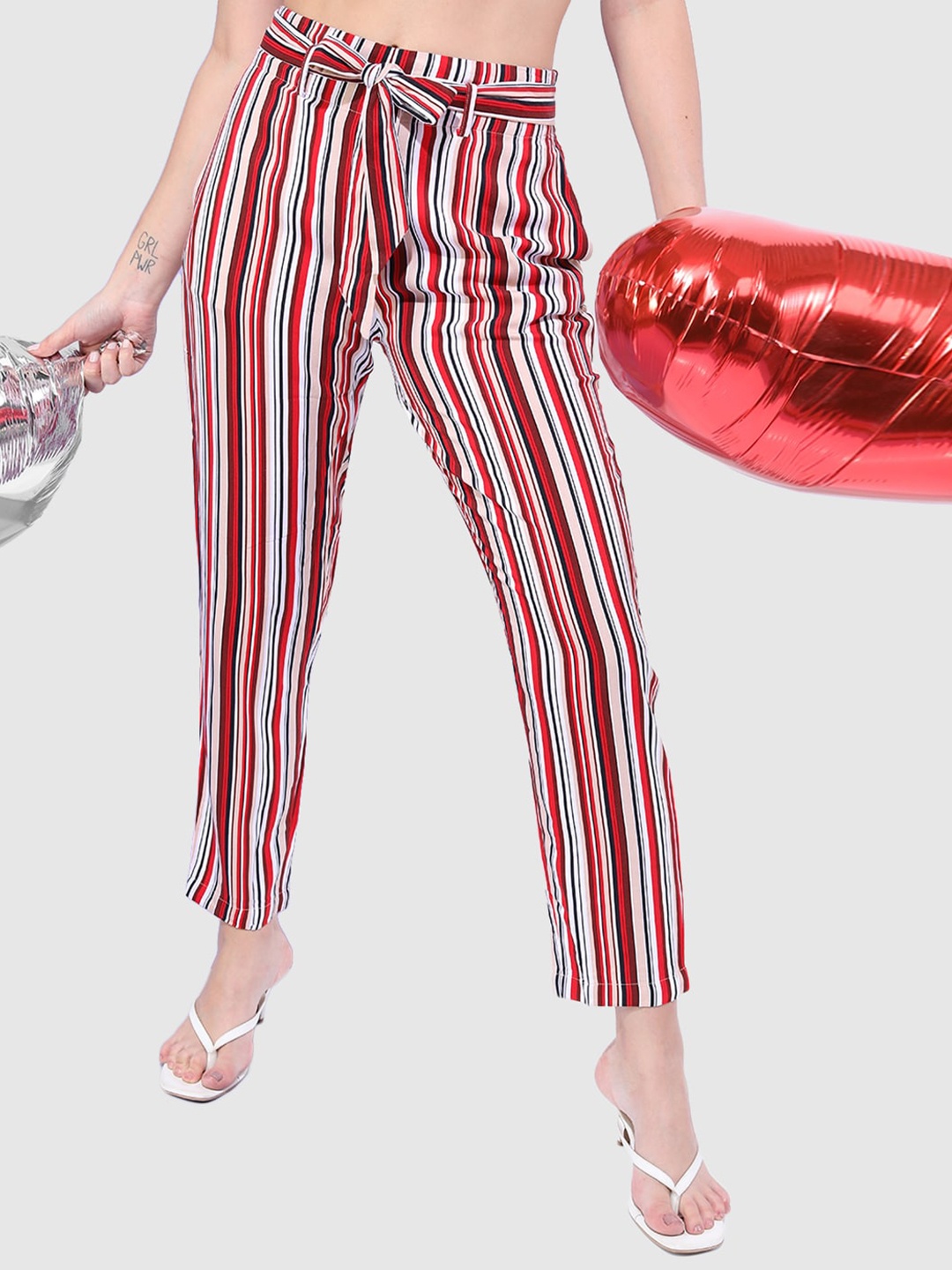 

Freehand by The Indian Garage Co Women Striped Tapered Fit High-Rise Trousers, Red