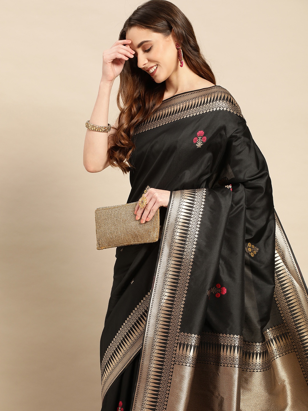 

Royal Rajgharana Saree Ethnic Motifs Zari Pure Silk Banarasi Saree, Black