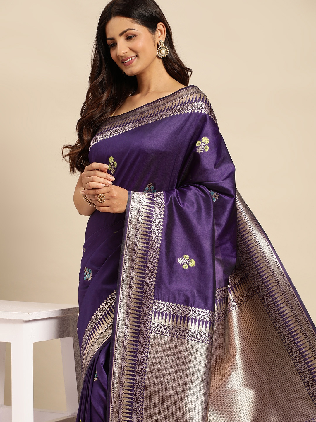 

Royal Rajgharana Saree Ethnic Motifs Zari Pure Silk Banarasi Saree, Purple