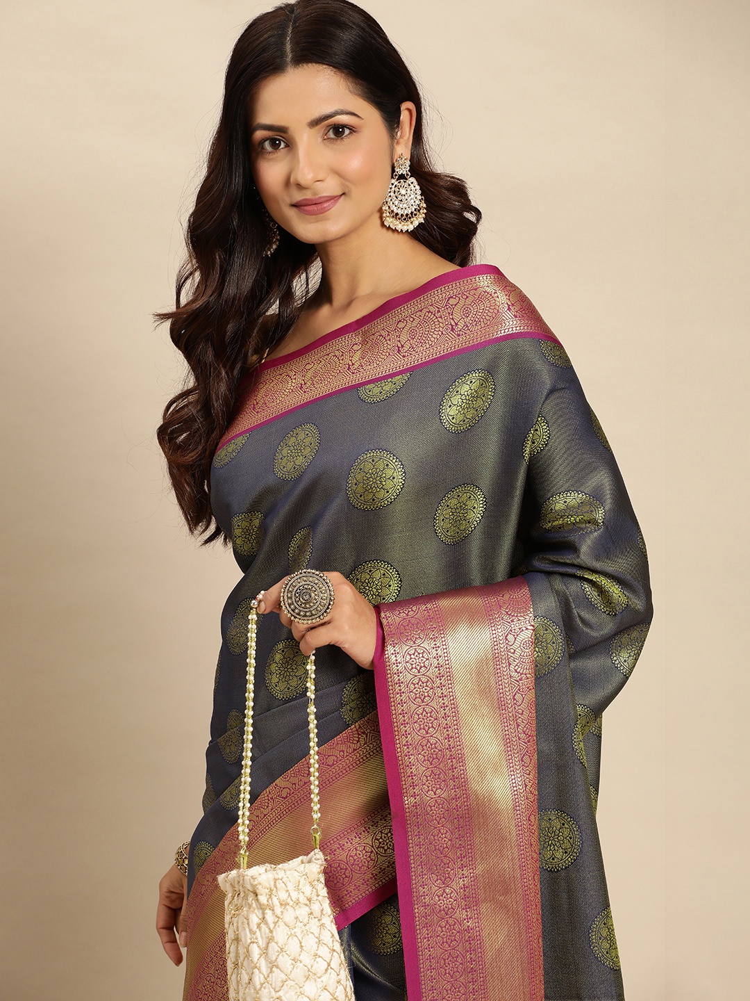 

Royal Rajgharana Saree Ethnic Motifs Zari Pure Silk Banarasi Saree, Navy blue