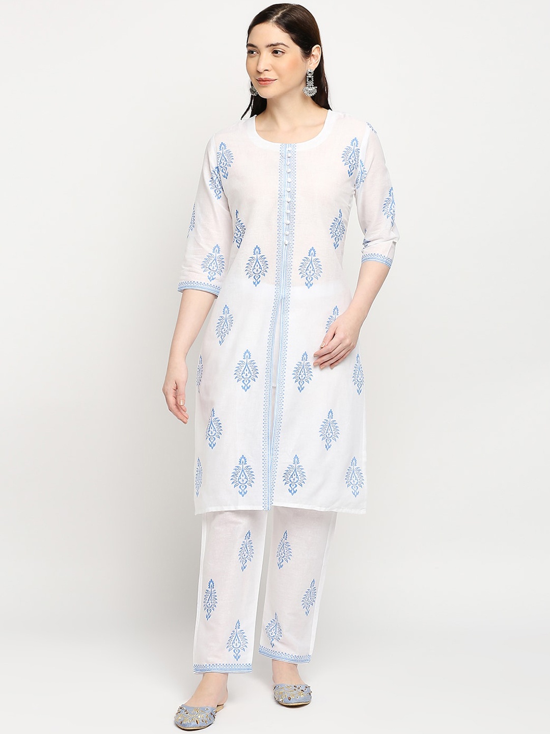 

ZRI Women Ethnic Motifs Printed Pure Cotton Kurta with Trousers, White
