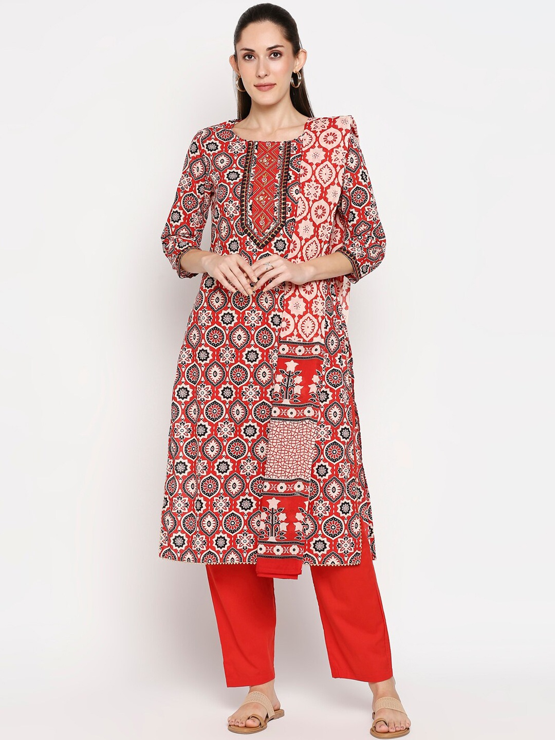 

ZRI Women Floral Printed Pure Cotton Kurta with Trousers & With Dupatta, Red