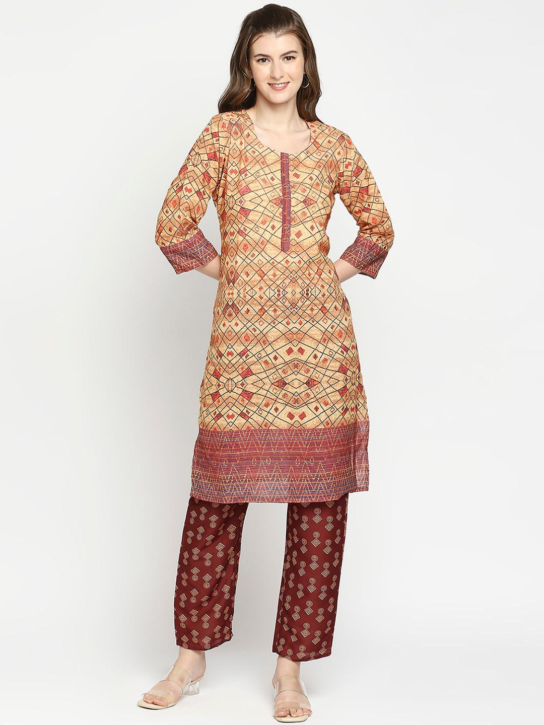 

ZRI Women Printed Linen Kurta with Trousers, Beige