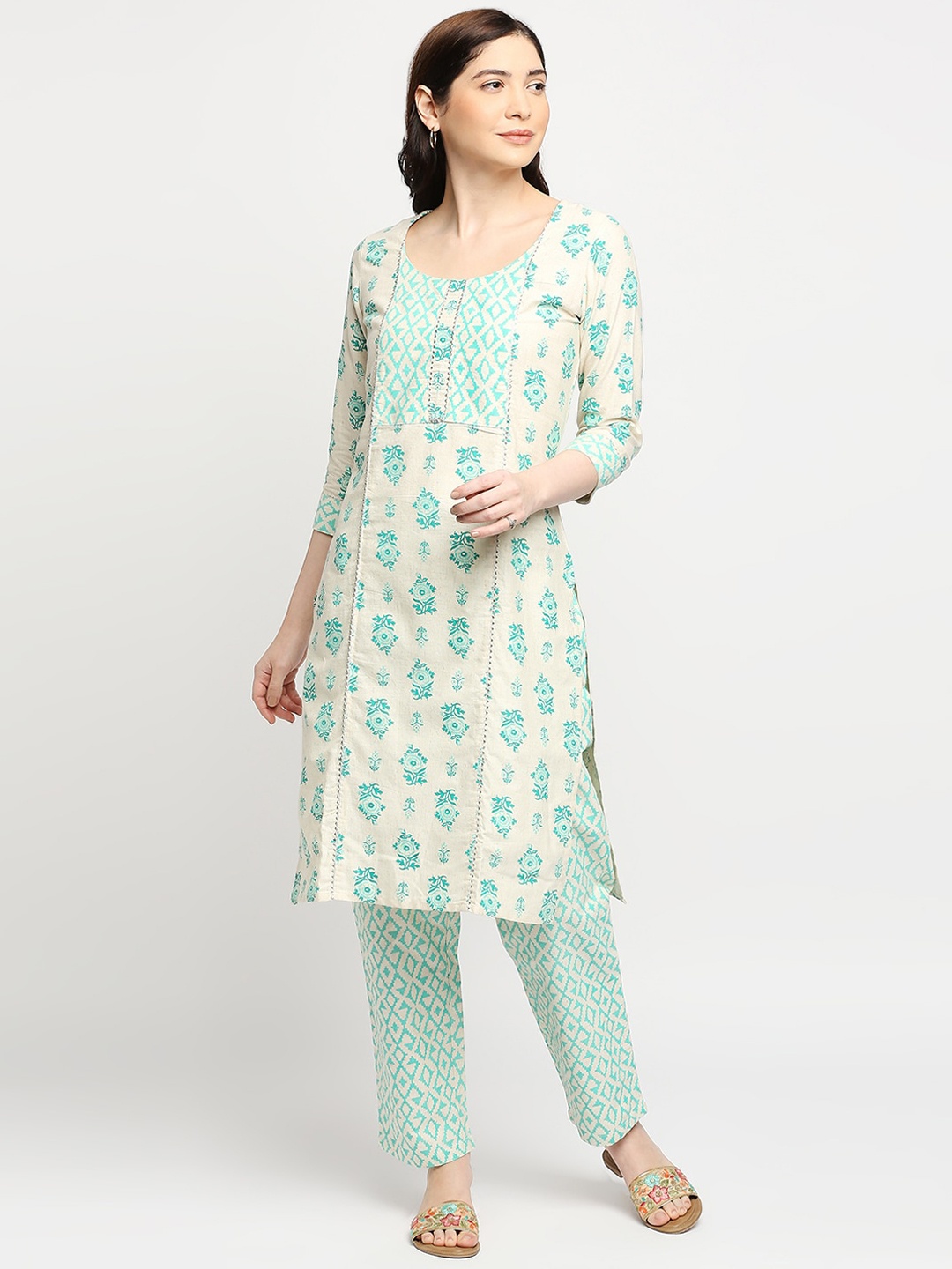 

ZRI Women Ethnic Motifs Printed Pure Cotton Kurta with Trousers, Cream