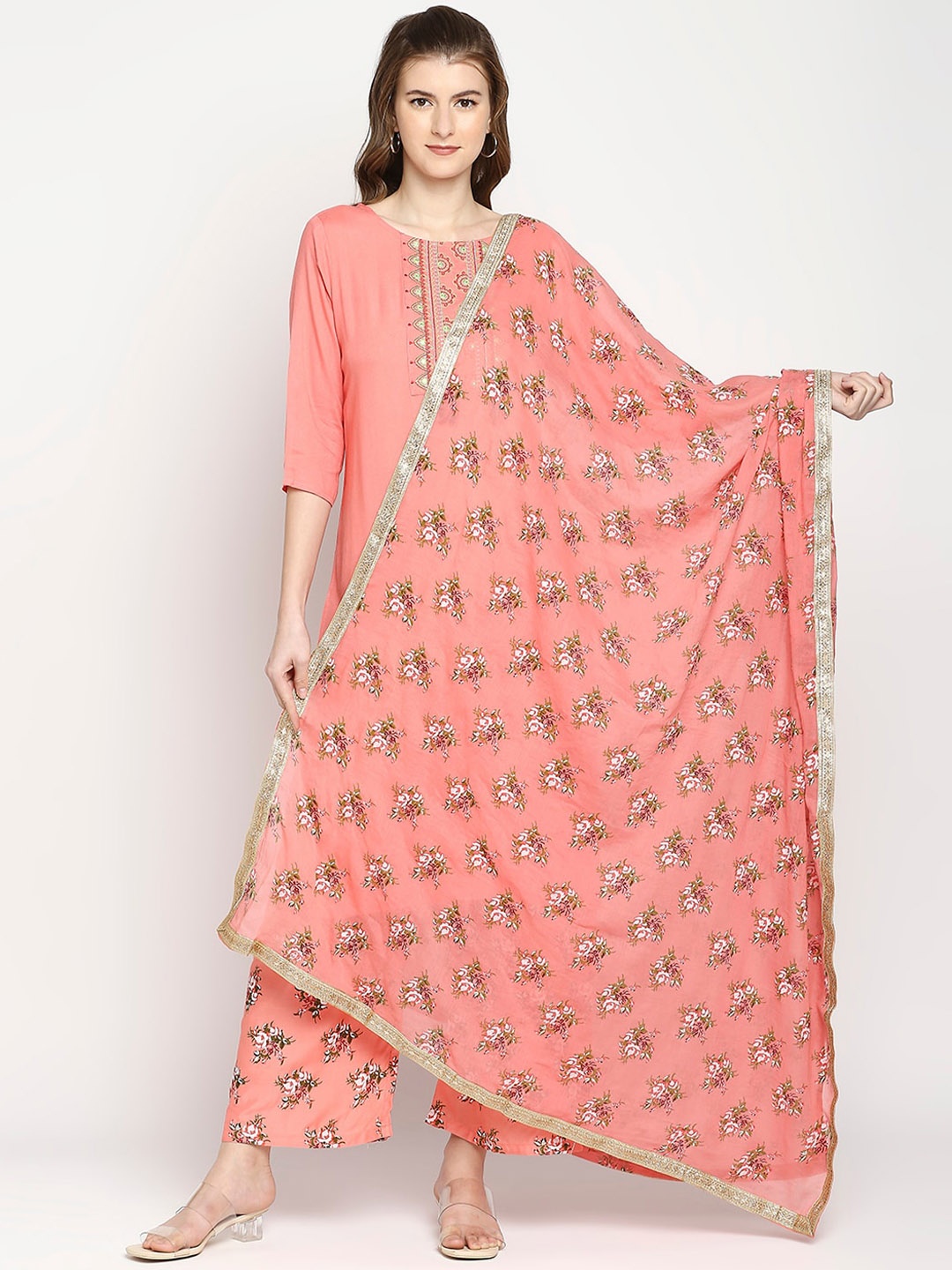 

ZRI Women Floral Embroidered Round Neck Kurta with Palazzos & Dupatta, Peach