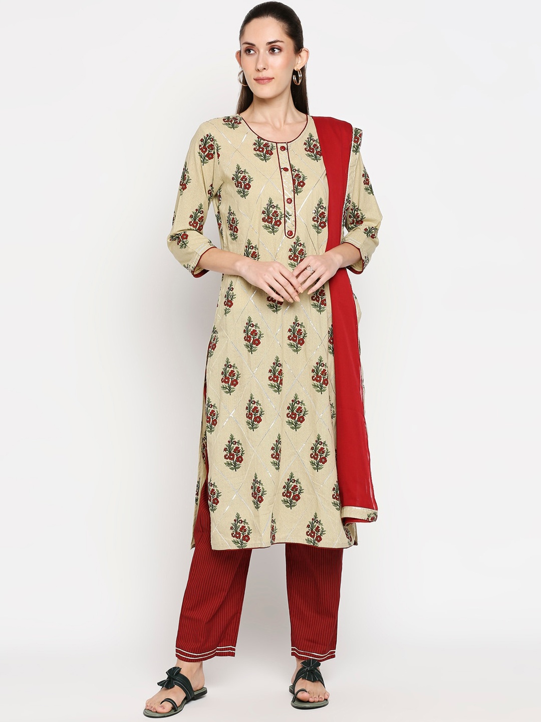 

ZRI Women Printed Round Neck Pure Cotton Kurta with Trousers & Dupatta, Beige
