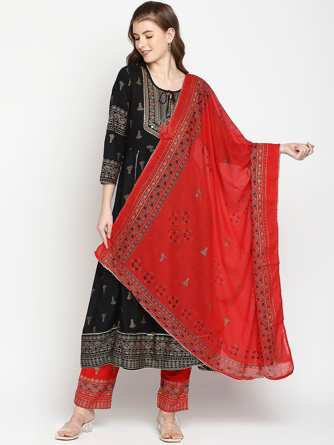 

ZRI Ethnic Motifs Printed Gotta Patti Kurta with Trousers & With Dupatta, Black