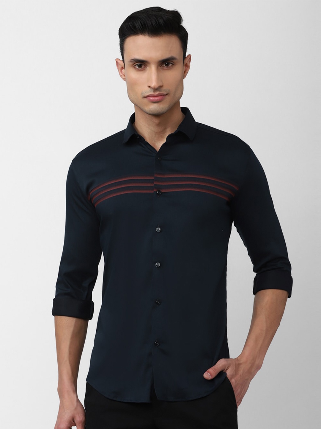 

V Dot Men Slim Fit Horizontal Stripes Formal Shirt, Navy blue