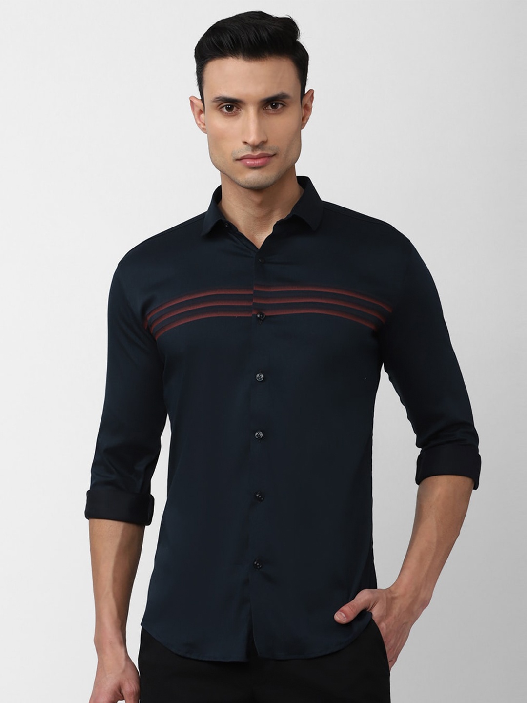 

V Dot Men Slim Fit Horizontal Stripes Formal Shirt, Navy blue