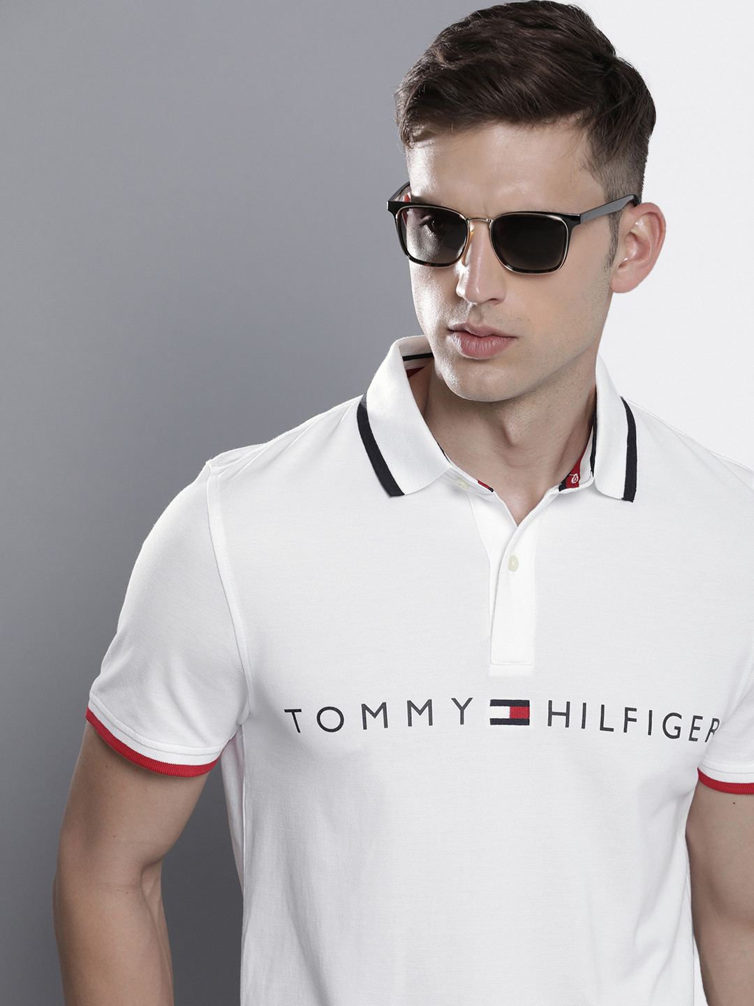 

Tommy Hilfiger Men Pure Cotton Brand Logo Printed Polo Collar T-shirt, White