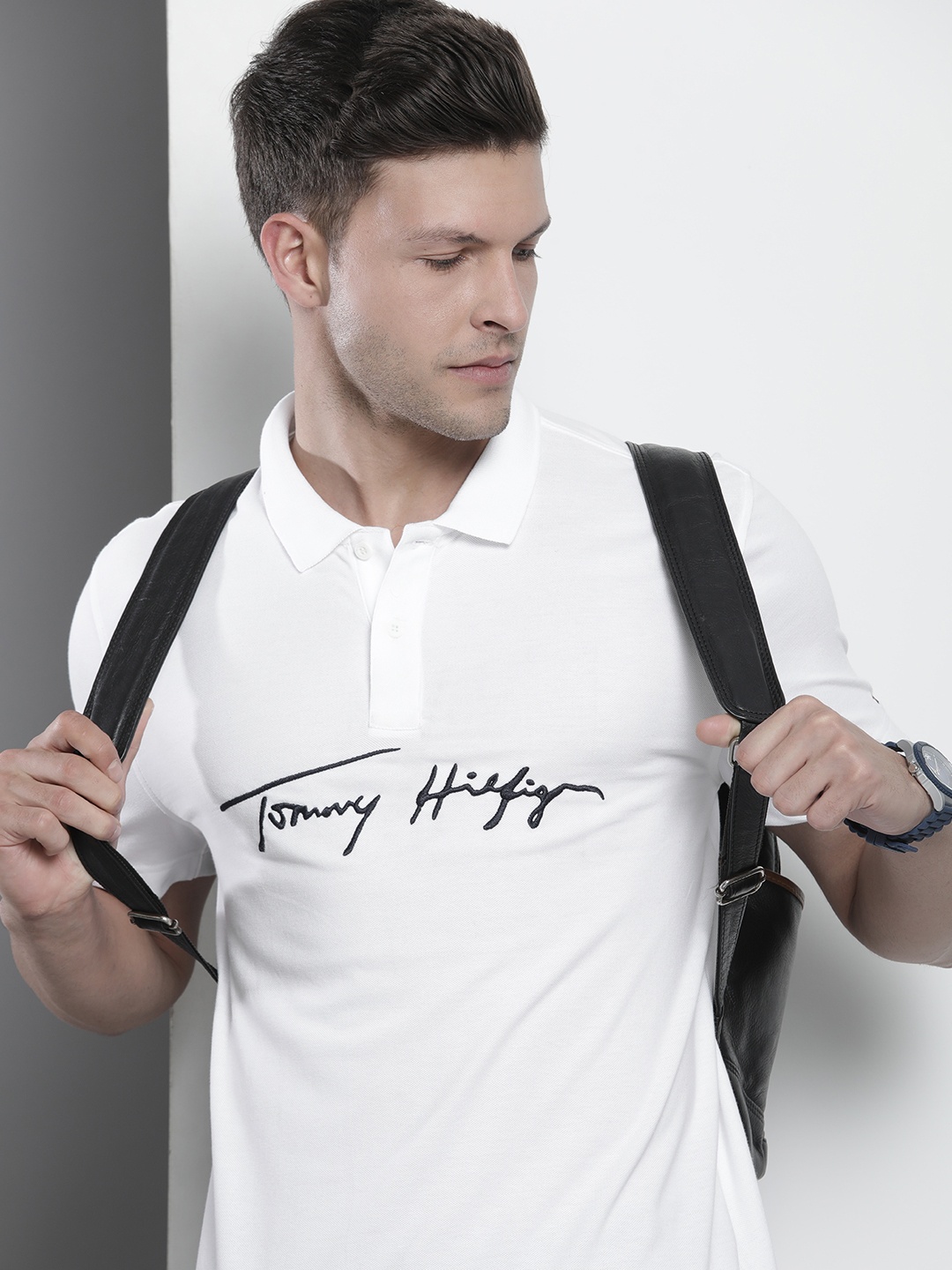 

Tommy Hilfiger Men Pure Cotton Brand Logo Printed Polo Collar T-shirt, White