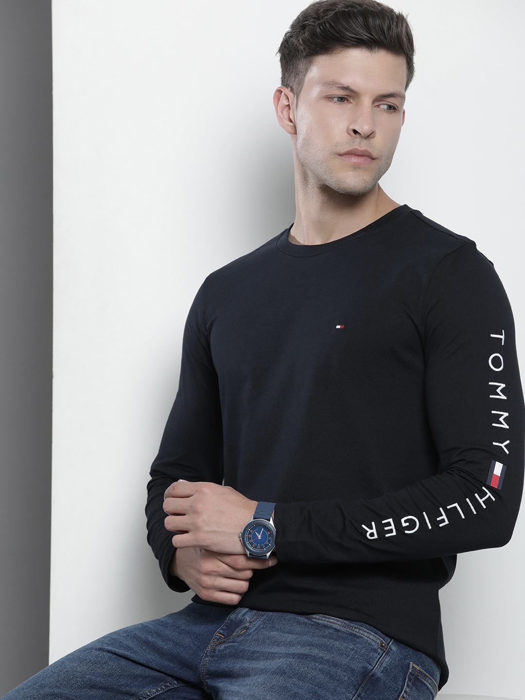 

Tommy Hilfiger Men Pure Cotton Round Neck Slim Fit T-shirt, Navy blue