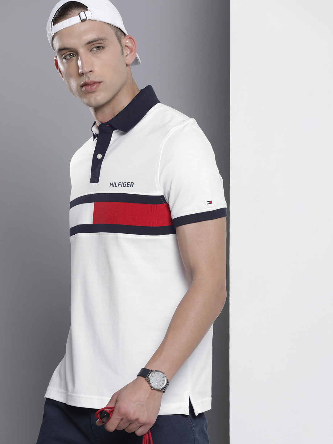 

Tommy Hilfiger Men Striped Polo Collar Pure Cotton T-shirt With Minimal Brand Logo Print, White