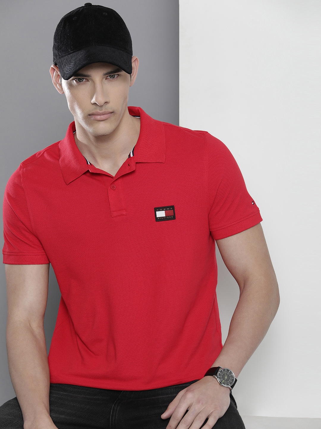 

Tommy Hilfiger Men Polo Collar Pure Cotton Brand Logo Applique Slim Fit T-shirt, Red