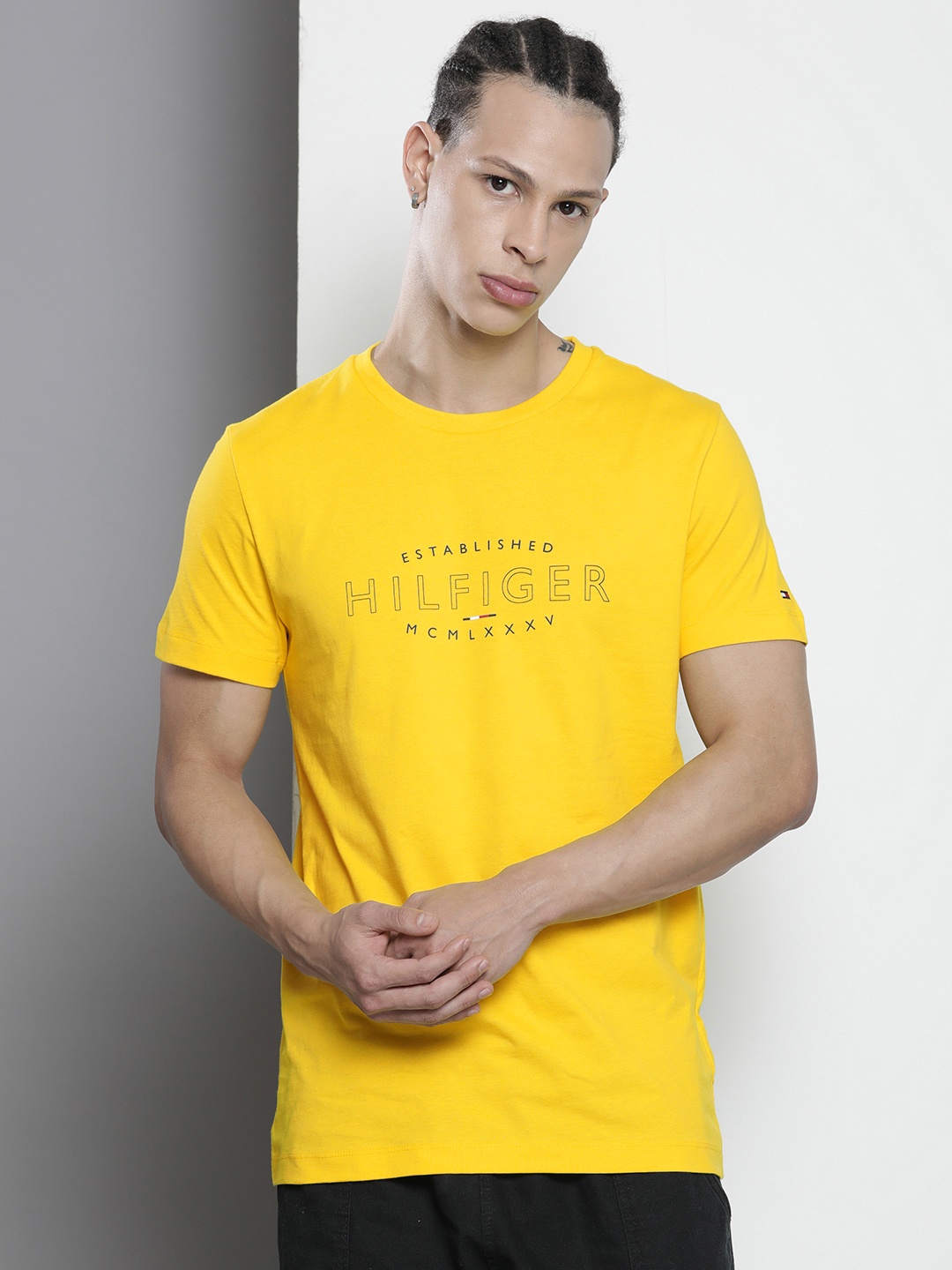 

Tommy Hilfiger Men Typography Printed Pure Cotton Slim Fit T-shirt, Yellow