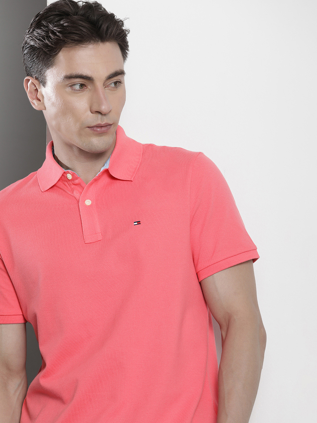 

Tommy Hilfiger Men Pure Cotton Polo Collar T-shirt, Coral