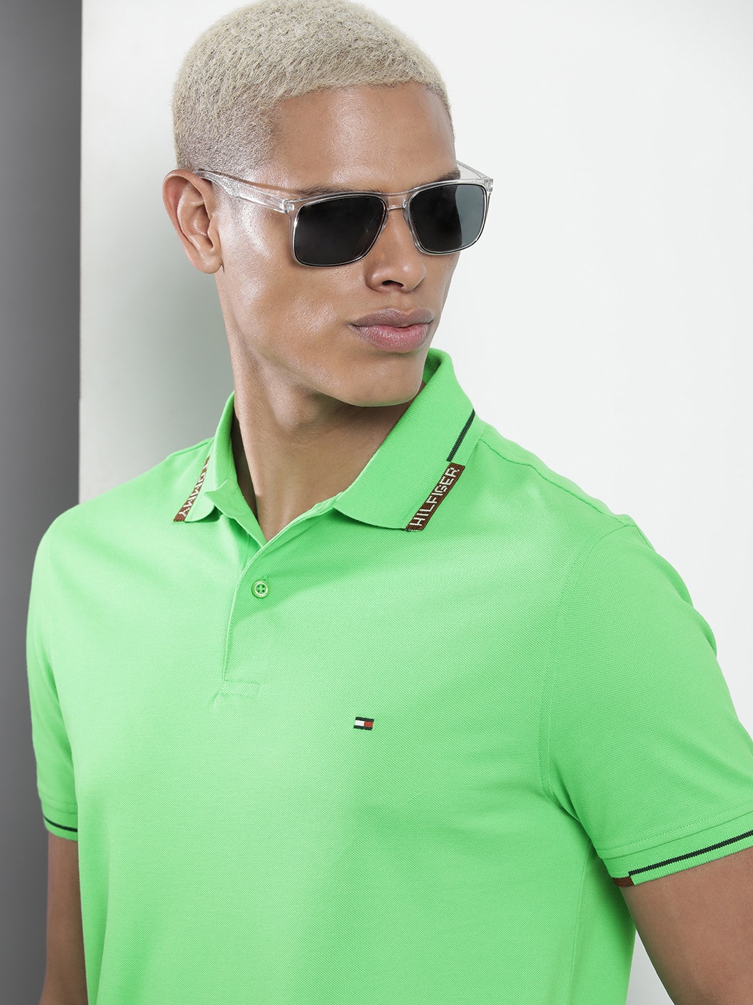 

Tommy Hilfiger Men Pure Cotton Polo Collar T-shirt, Lime green