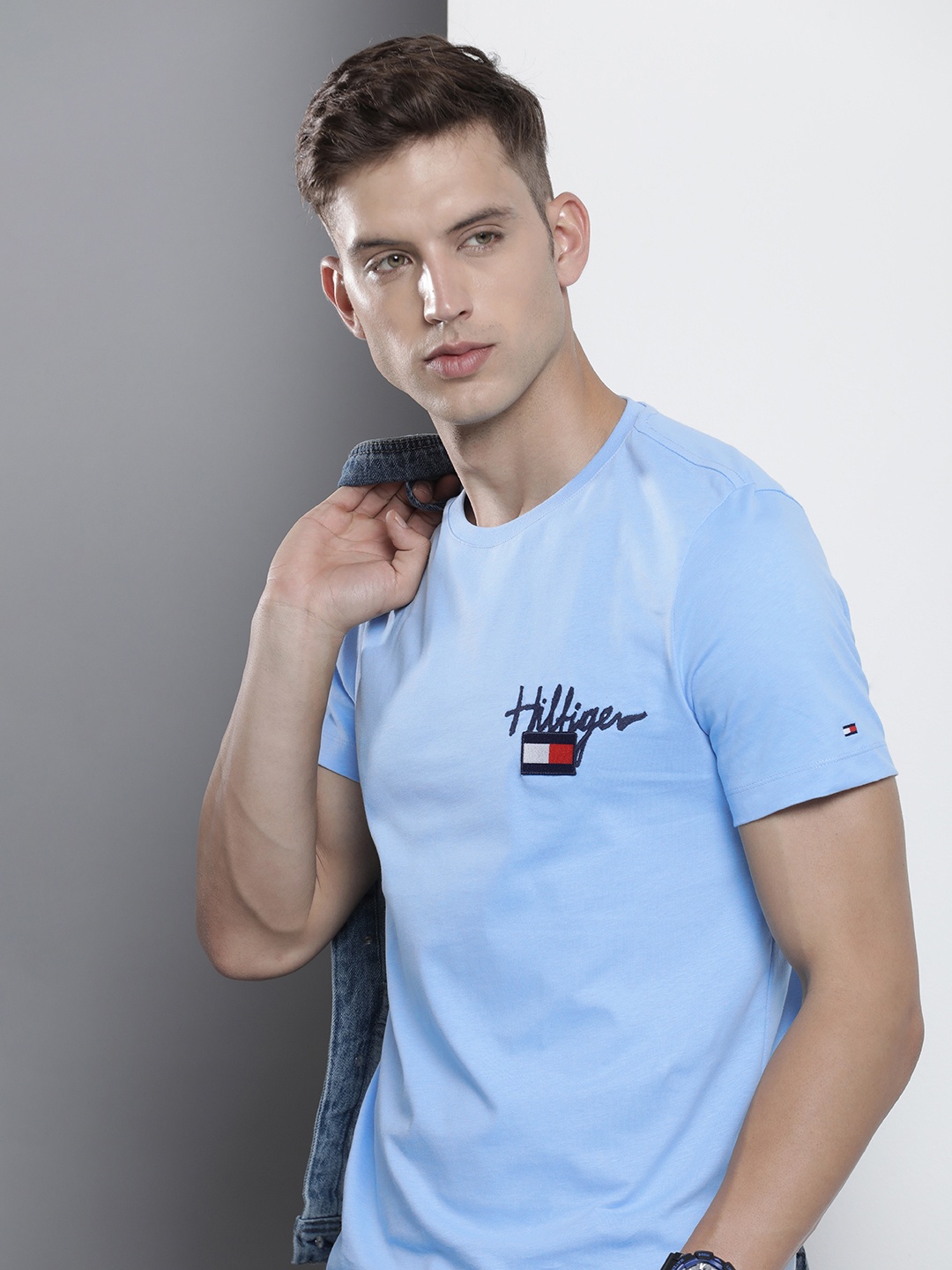 

Tommy Hilfiger Brand Logo Embroidered Pure Cotton T-shirt, Blue