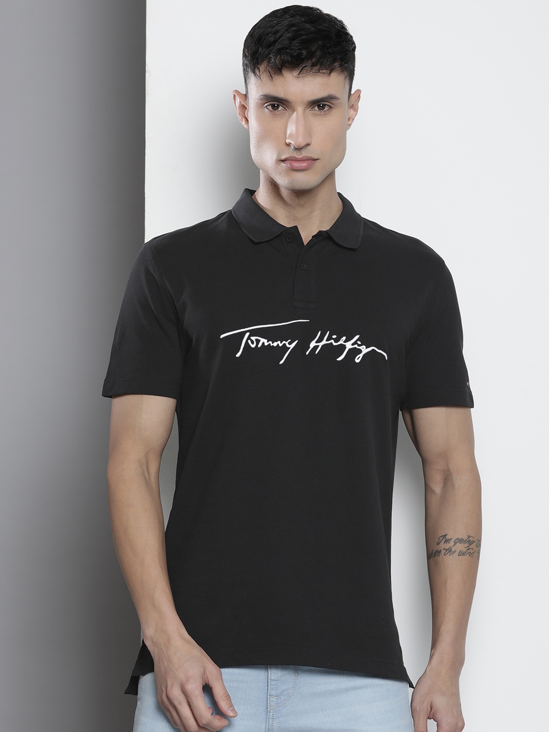 

Tommy Hilfiger Men Pure Cotton Brand Logo Printed Polo Collar T-shirt, Black