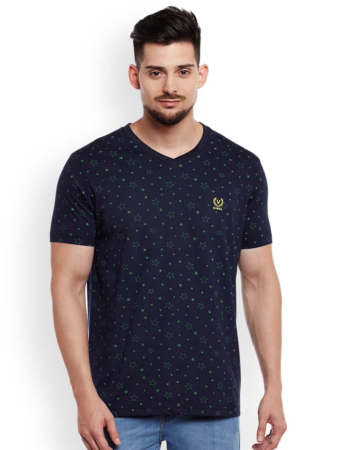 

VIMAL Men Navy Blue & Green Printed Round Neck T-shirt