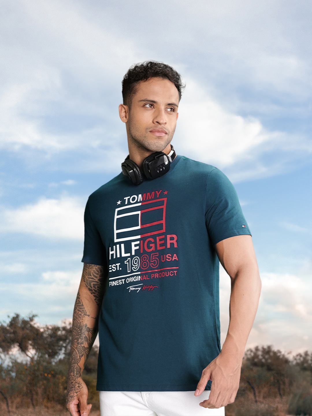 

Tommy Hilfiger Brand Logo Printed Pure Cotton T-shirt, Teal