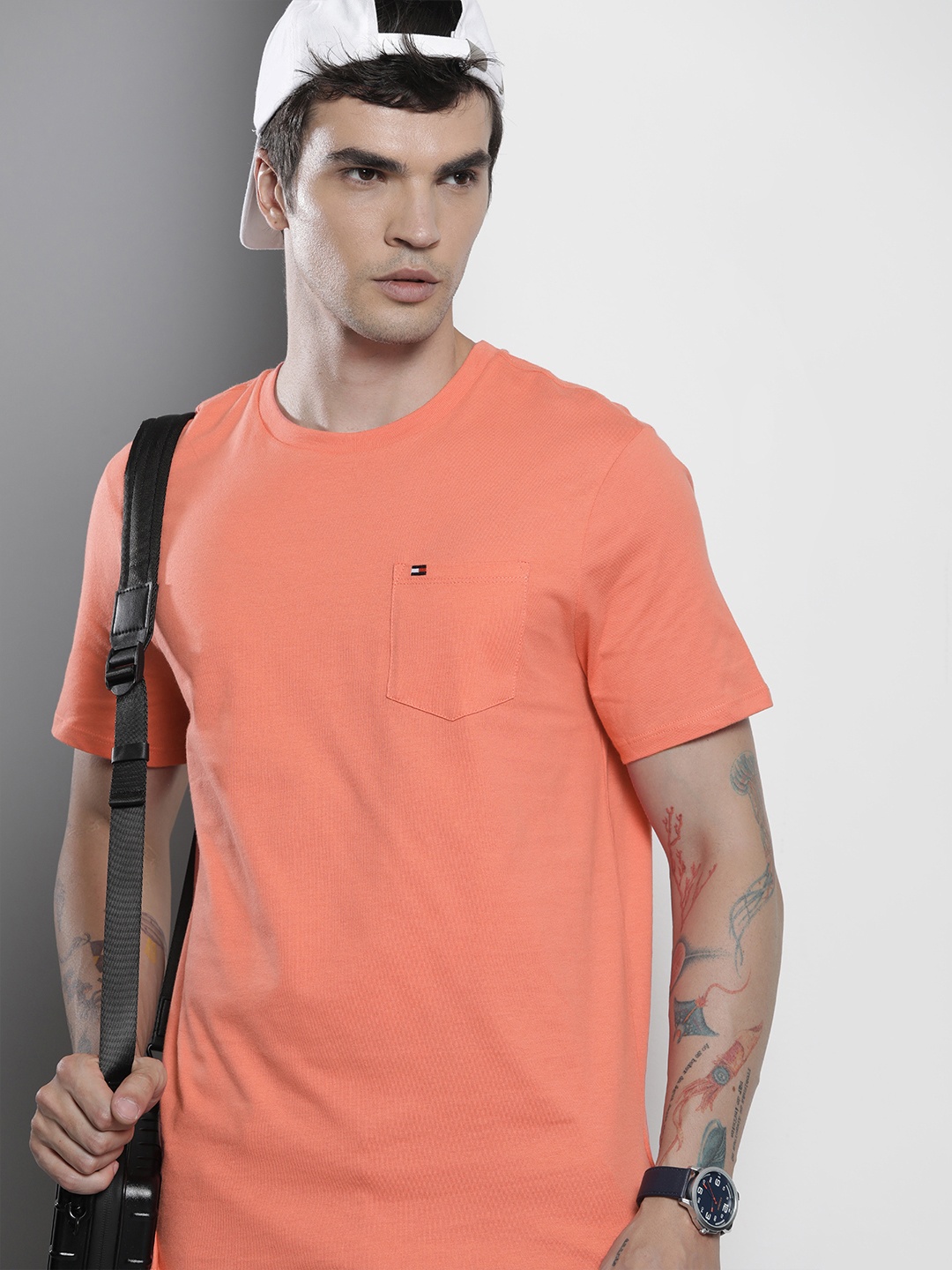 

Tommy Hilfiger Round Neck Pure Cotton T-shirt With Chest Pocket, Coral
