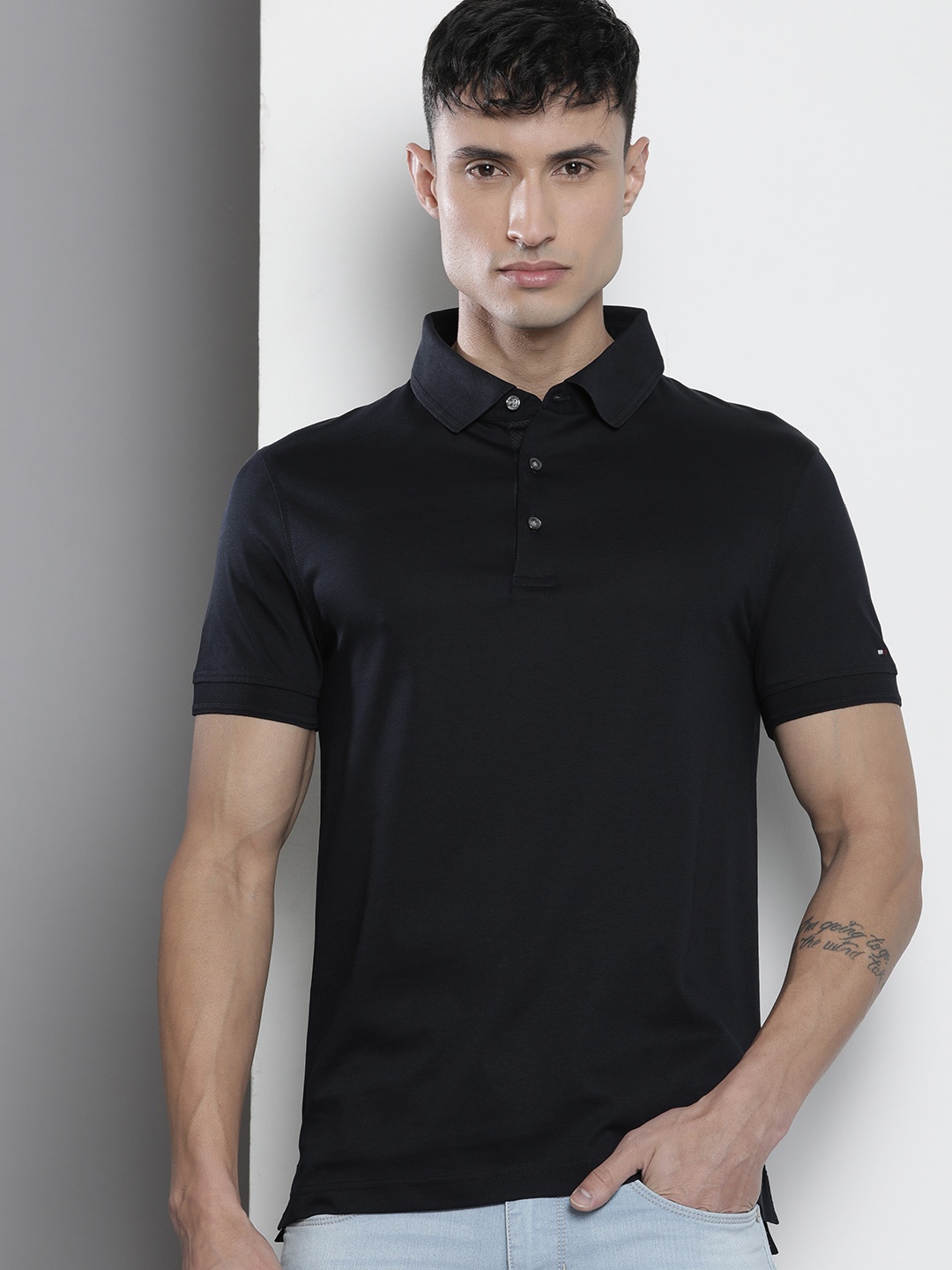 

Tommy Hilfiger Men Pure Cotton Solid Polo Collar Slim Fit Casual T-shirt, Navy blue
