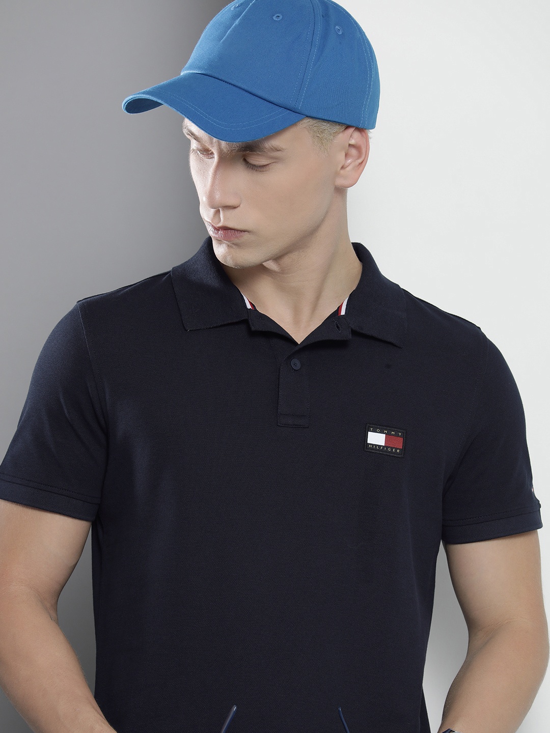 

Tommy Hilfiger Men Polo Collar Pure Cotton Applique Slim Fit T-shirt, Navy blue